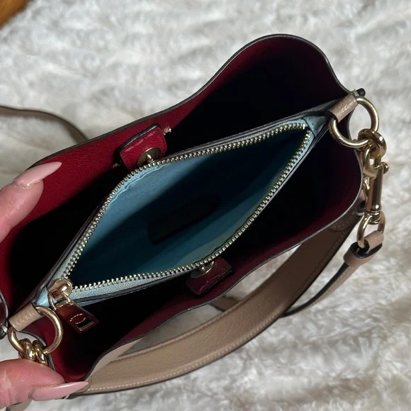 Coach Taupe Leather Crossbody Bucket Bag with Red Interior - Picture 12 of 15